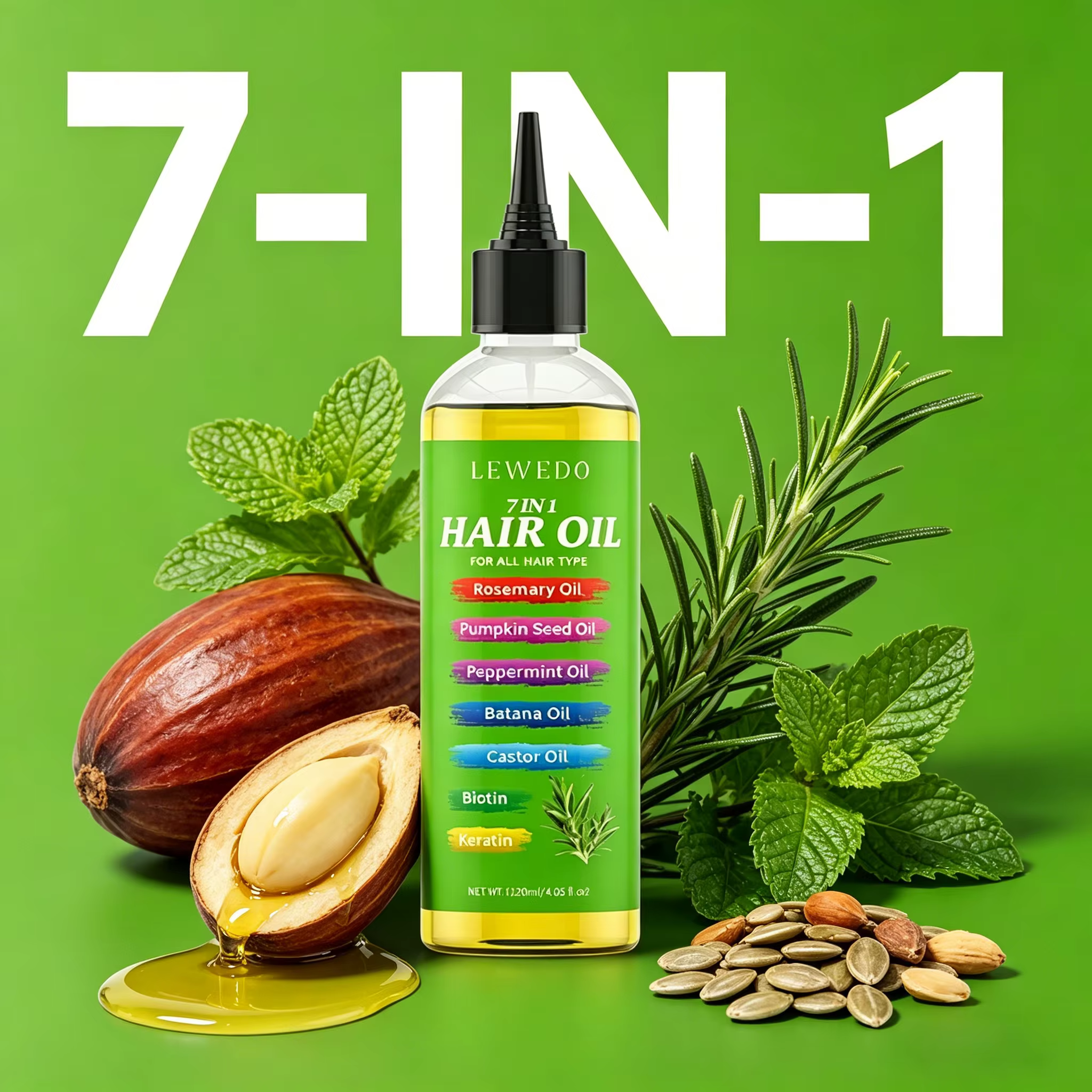 Huile capillaire 7-en-1 à la rosemaine, huile capillaire fortifiante pour cheveux épais, huile de Ba