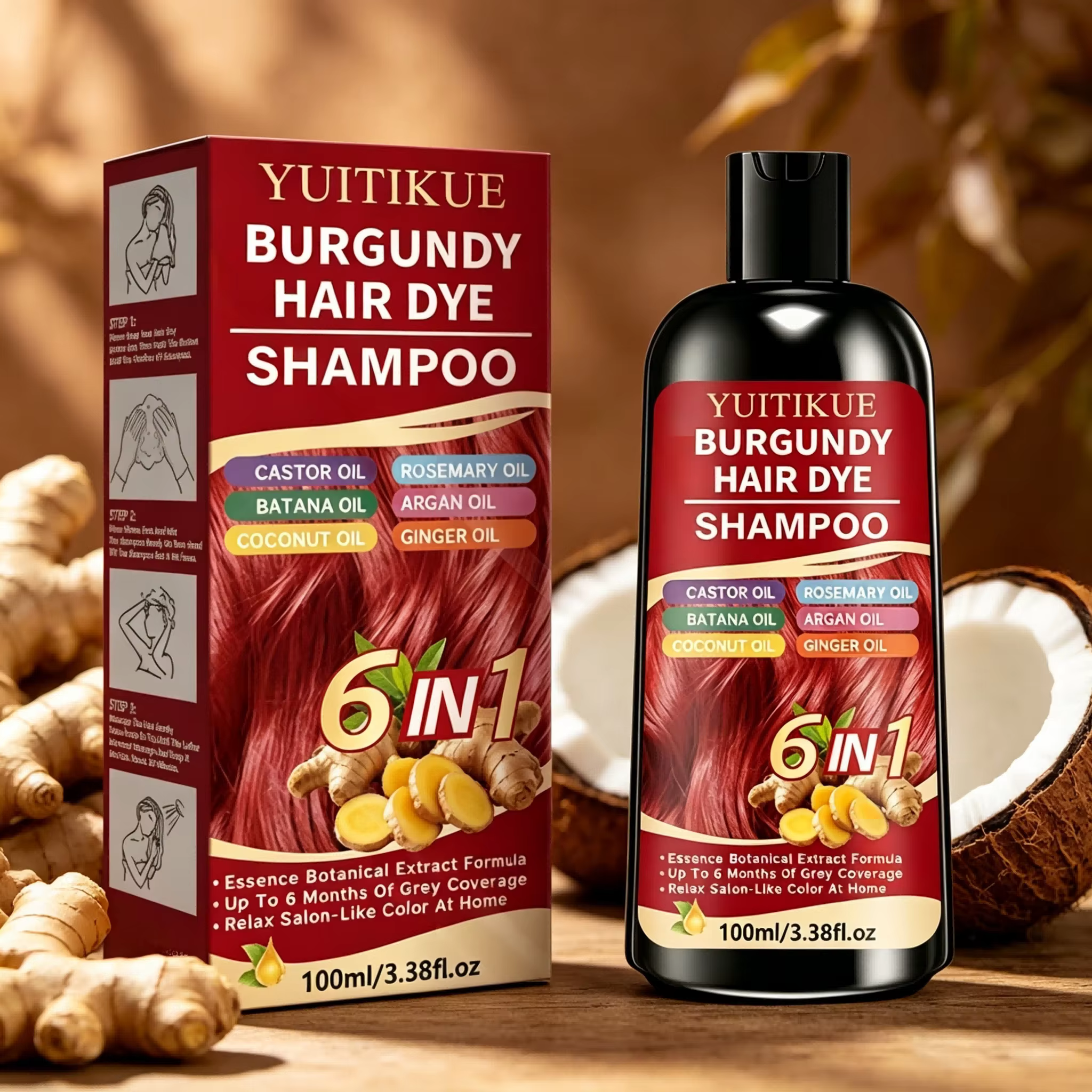 Shampoo colorant capillaire 6 en 1 couleur Bourgogne, formule à base de plantes, couvre les cheveux 