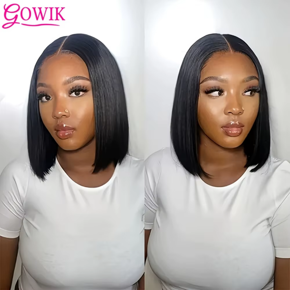Perruque Bob Lace Front Wig naturelle sans colle, cheveux courts et lisses, couleur naturelle, 5x5,