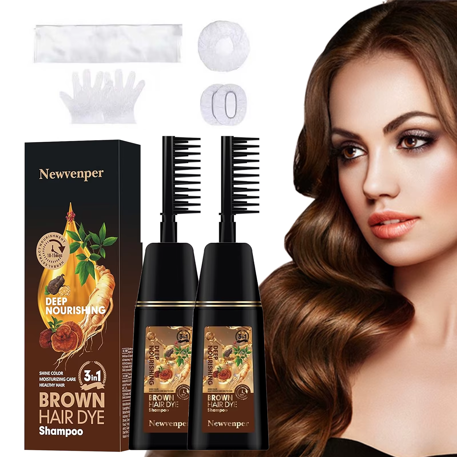 Shampoo colorant pour cheveux brun, 2 pièces, avec brosse à cheveux, teinture instantanée, coloratio