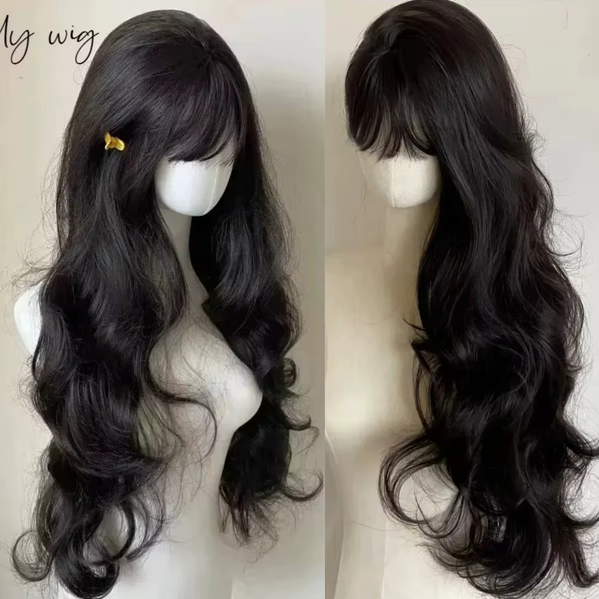 Lolita Black Wig for Women, Long Wavy Hair, Curly Wig with Bangs, Cosplay Sauna Band, Synthetic Wigs