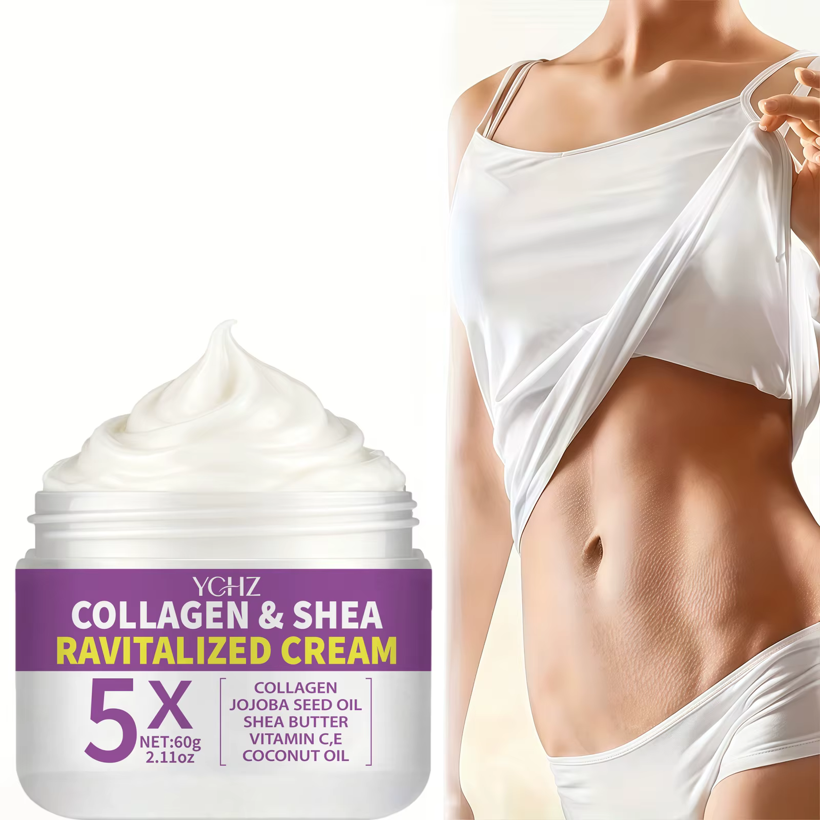 Crème raffermissante au collagène, riche en huile de jojoba, vitamines C et E, huile de noix de coco