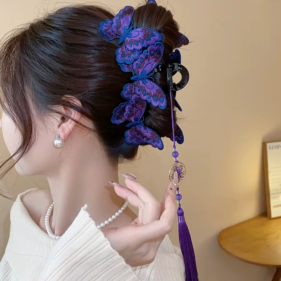 Pinces à cheveux papillon tricotées de Style chinois pour femmes, longues fleurs violettes, pompon r