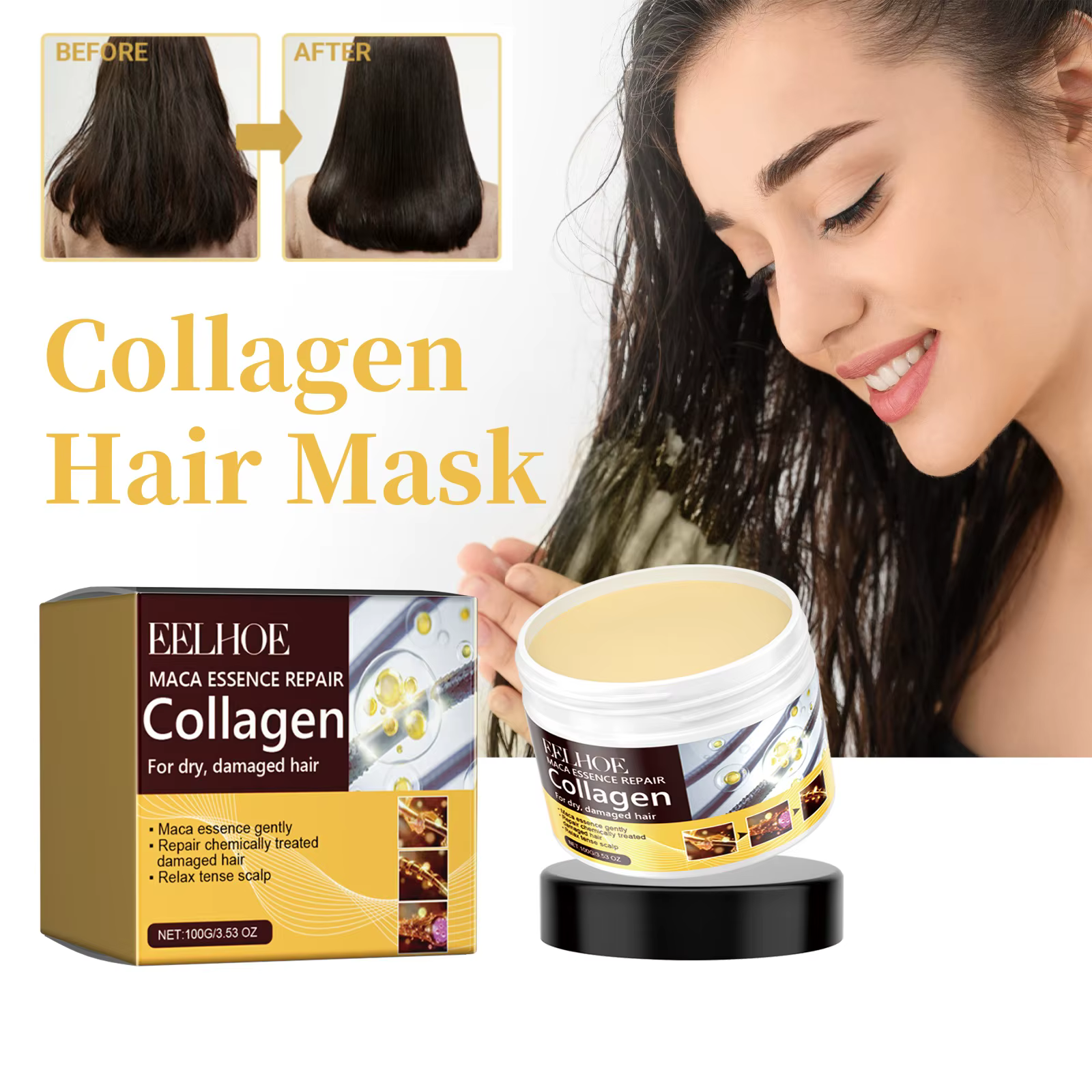 Masque capillaire au collagène, réduit la sécheresse et l'épissure des frisottis, prévient la divisi