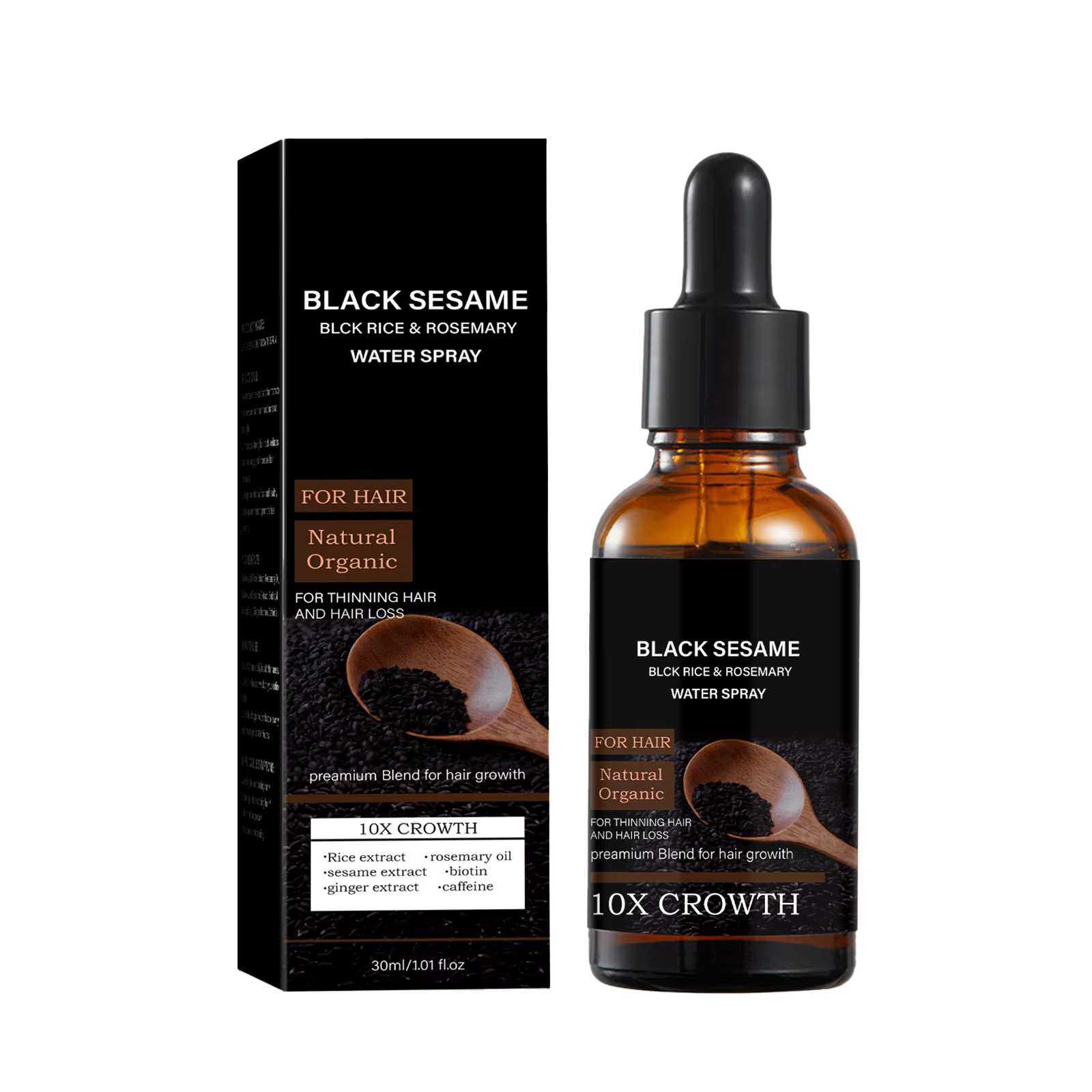 Sérum de croissance capillaire au sésame noir, avec extrait de caféine et de gingembre, huile nature