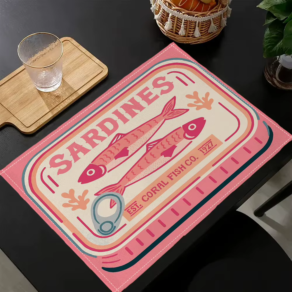 Napperons imprimés de sardines dans l'huile, 4 pièces, tapis rectangulaires de conception colorée po