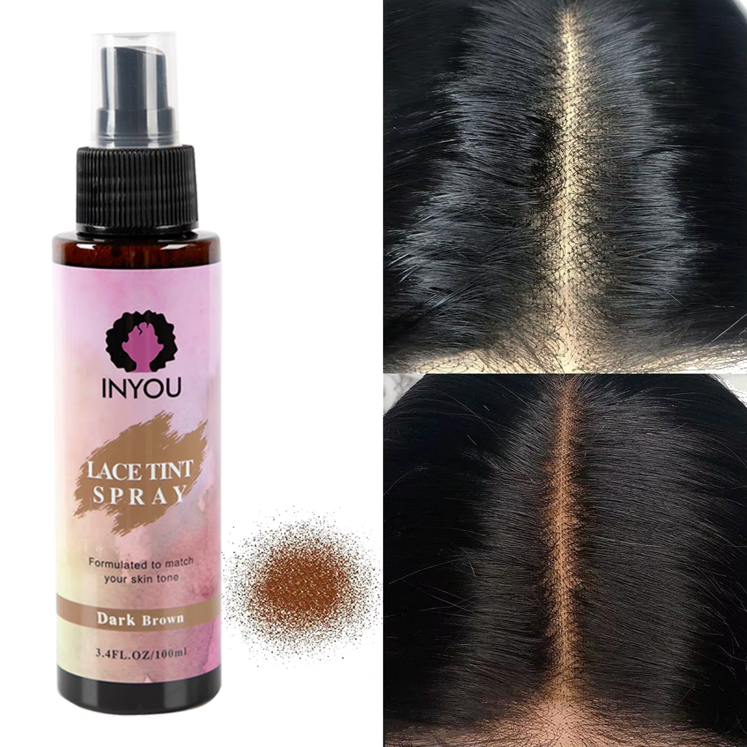 Spray de teinte pour perruque en dentelle - Brun foncé, brun moyen, brun clair, spray de teinte pour