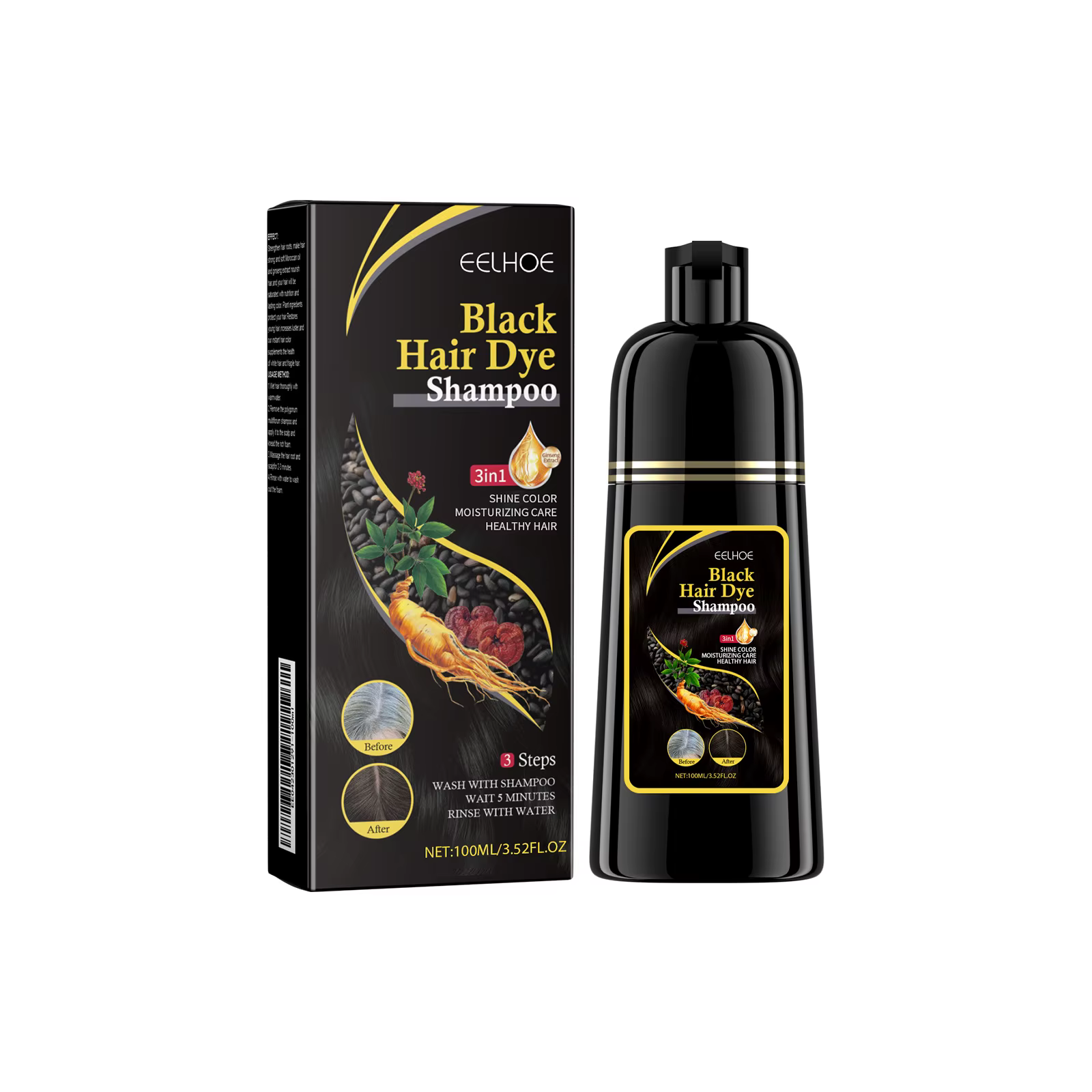 EELHOE shampooing de teinture pour cheveux noirs 3 en 1 croissance propre cheveux assombrissant nour