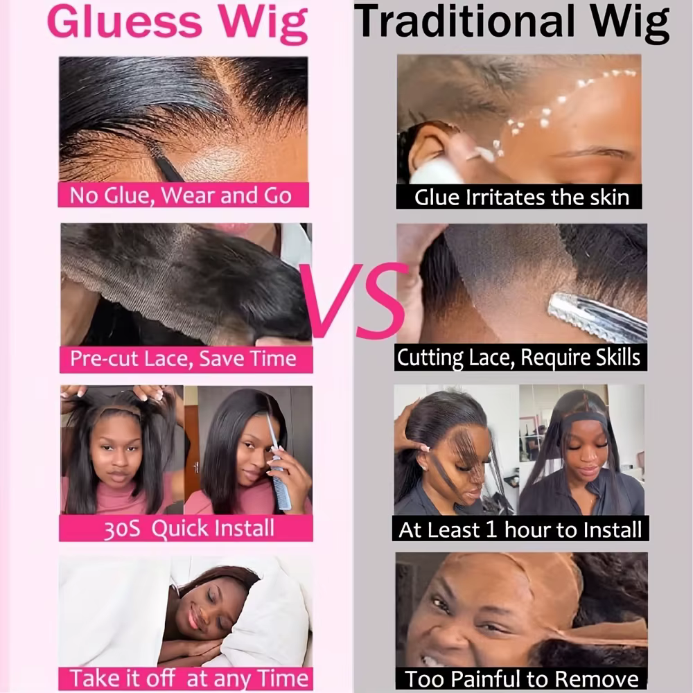 Perruque Bob Lace Front Wig naturelle sans colle, cheveux courts et lisses, couleur naturelle, 5x5,