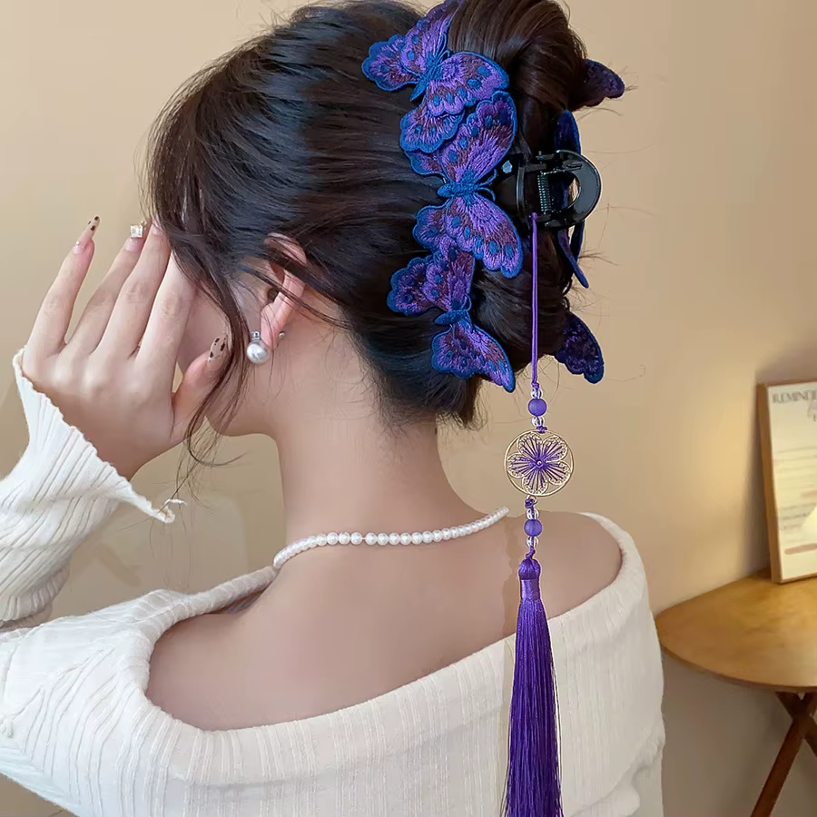 Pinces à cheveux papillon tricotées de Style chinois pour femmes, longues fleurs violettes, pompon r