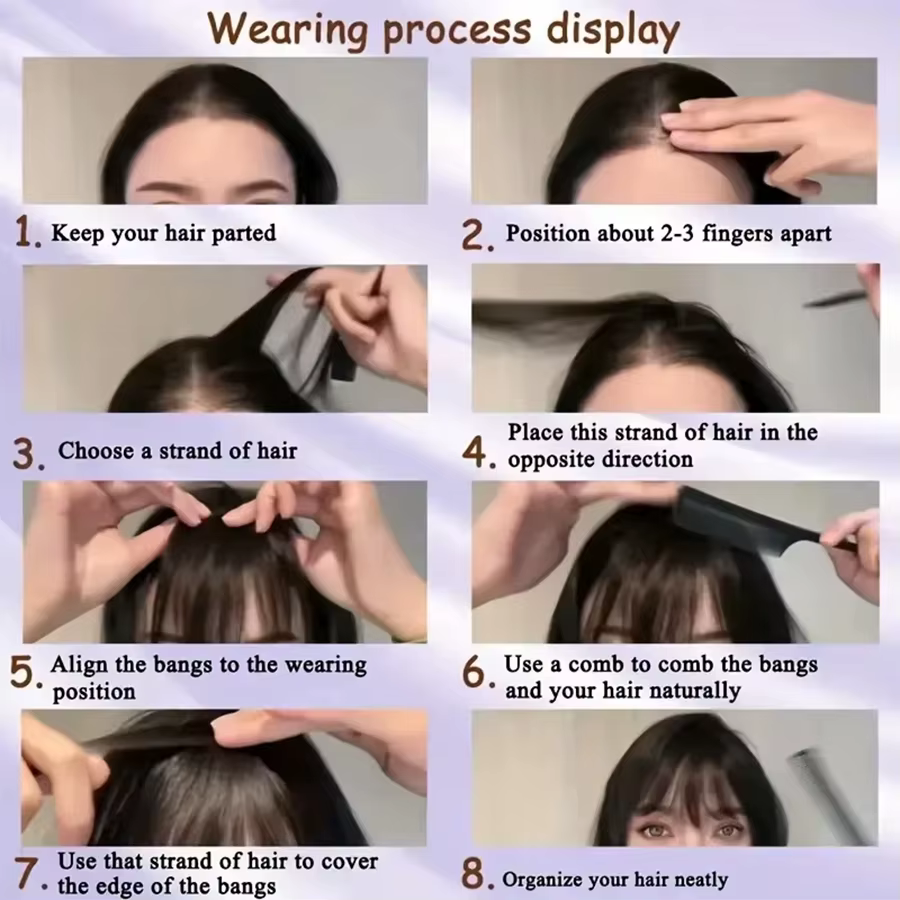 Extensions de cheveux synthétiques droites pour femmes avec frange superposée frange latérale postic