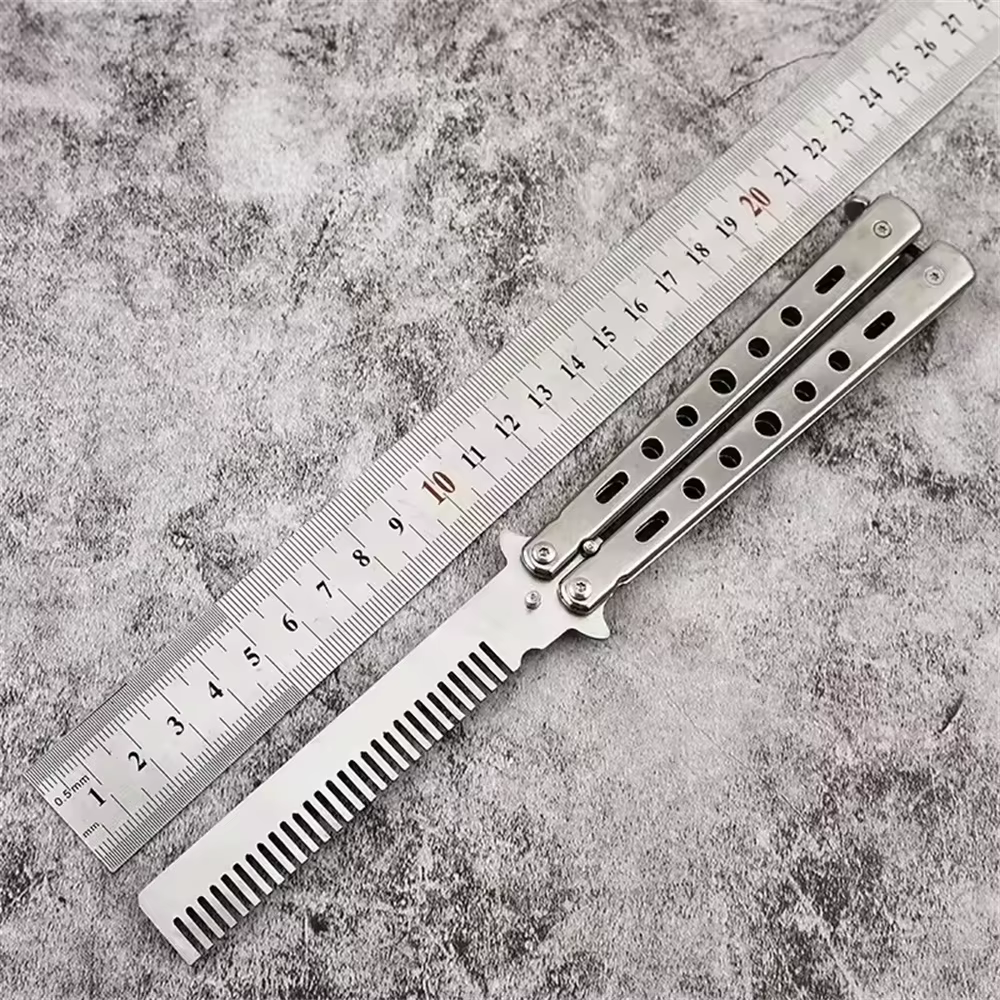 Peigne pliable en acier inoxydable, formation à la pratique, couteau papillon, peigne pour barbe et