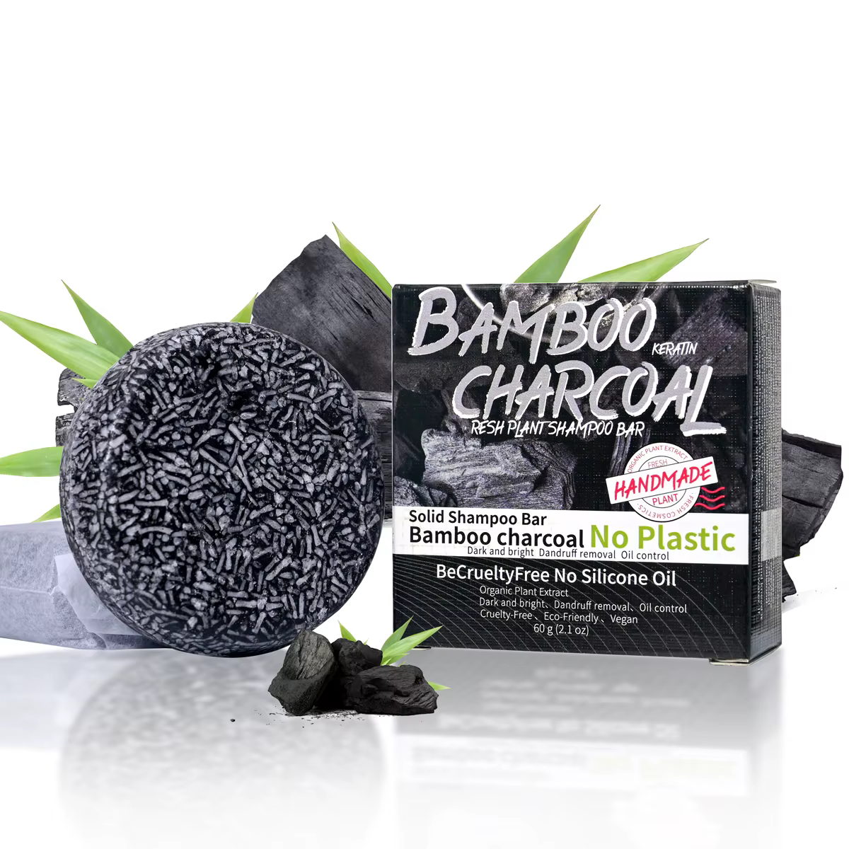 Shampoing solide au charbon de bambou pour homme, nettoie en profondeur et hydrate la feuille
