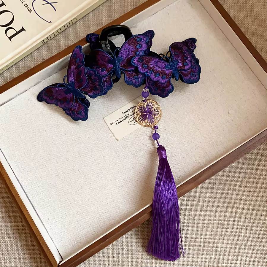Pinces à cheveux papillon tricotées de Style chinois pour femmes, longues fleurs violettes, pompon r
