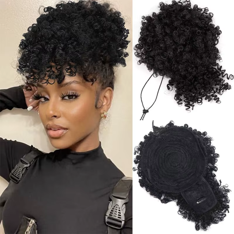 Afro Puff Kinky Curly Hair, Updo Ponytail Extension with Bangs Proximity Wstring Ponytail for Women,