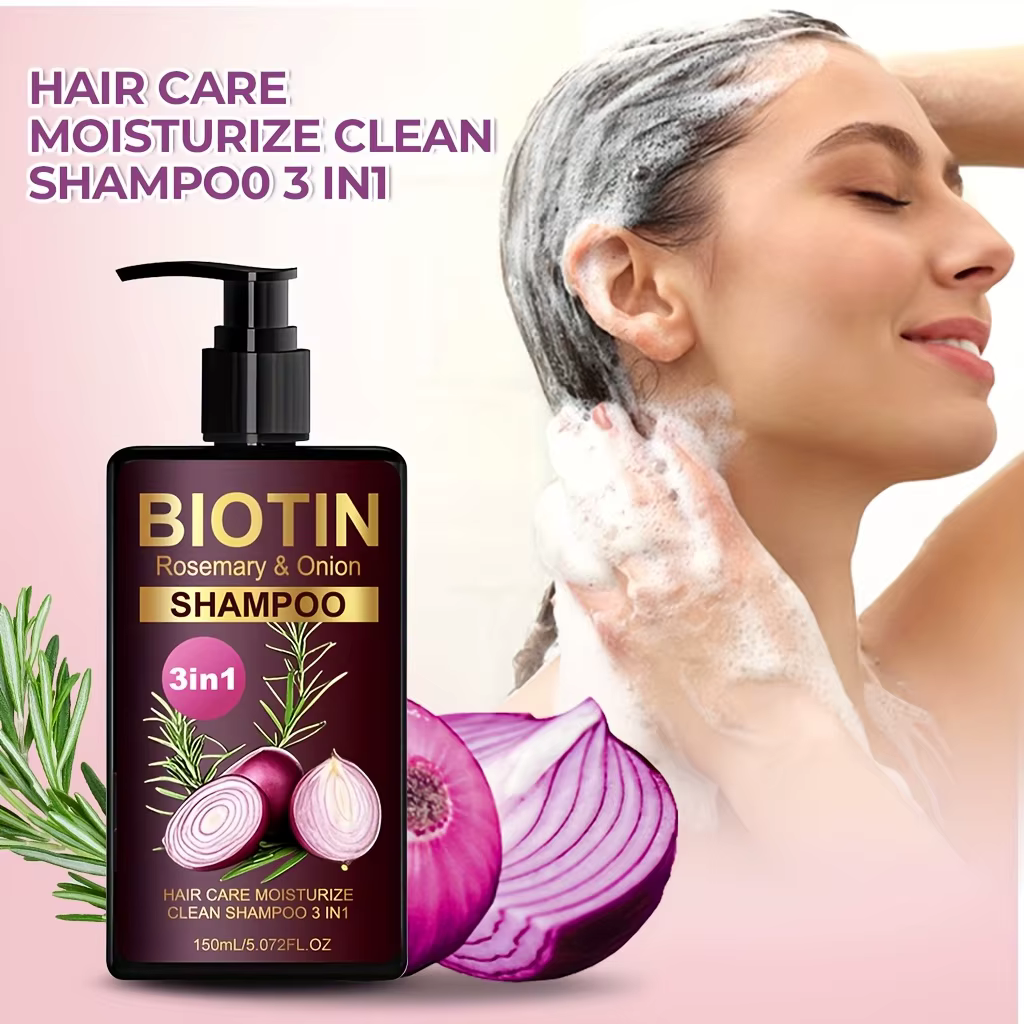 Shampoing 3 en 1 à la biotine, au romarin et à l'oignon, pour nettoyer et hydrate la saleté des chev