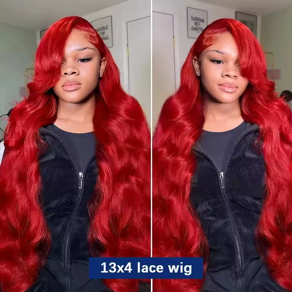 Perruque Lace Frontal Wig Body Wave brésilienne naturelle, cheveux humains Hd, couleur rouge vif, 13