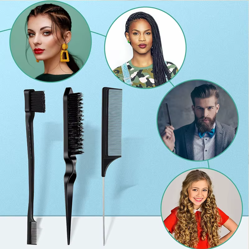 Ensemble de peignes de coiffure 3 pièces avec brosse à cheveux à triple déchirure, brosse de bord de