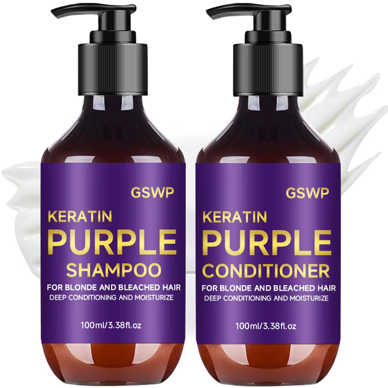 Le coffret shampoing et après-shampoing violet GSWP nettoie et hydrate en profondeur les cheveux, co