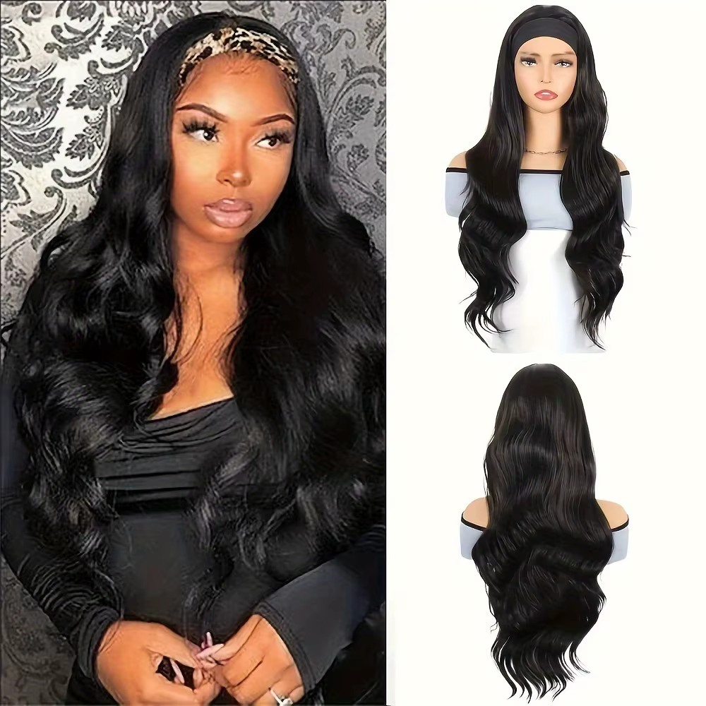 28 pouces bandeau perruque noir résistant à la chaleur cheveux synthétiques femmes bandeau perruque