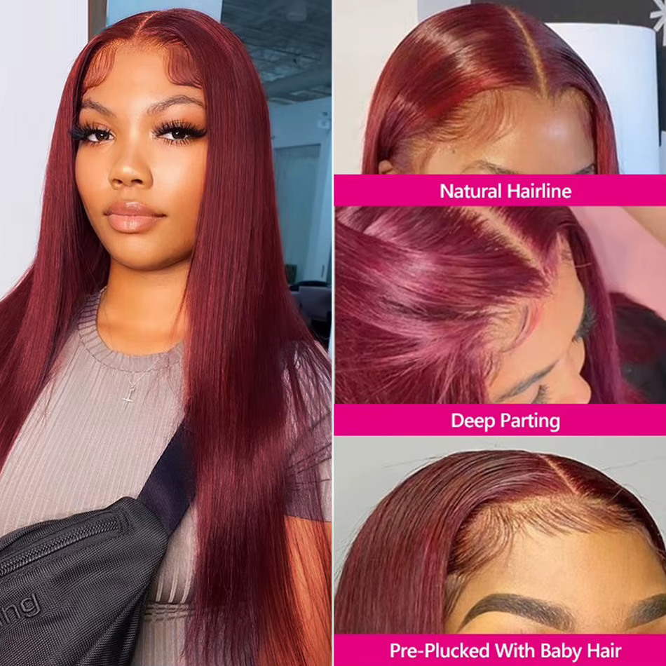 99J bordeaux 13x6 couleur HD dentelle avant perruque perruques de cheveux humains pré-plumé Premium