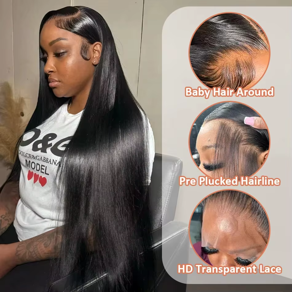Perruque de cheveux humains lisses de 40-50 pouces, avec dentelle frontale HD 13x6, densité 250, Rem