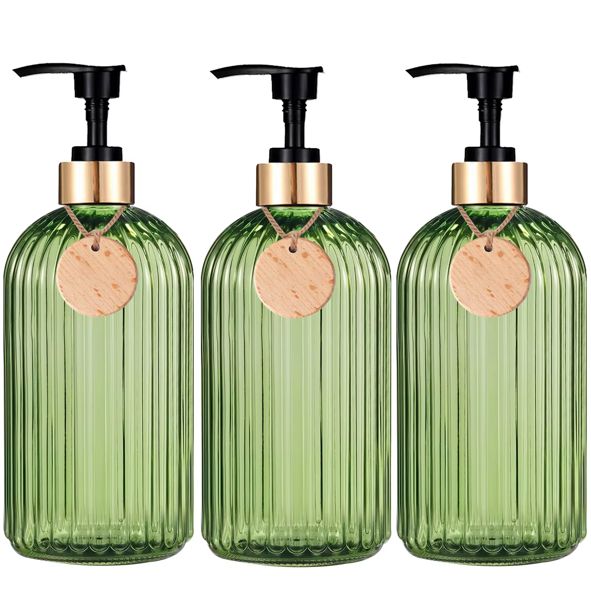 Bouteilles de savon de douche de salle de bain vertes avec étiquette vide, rechargeable, shampoing,