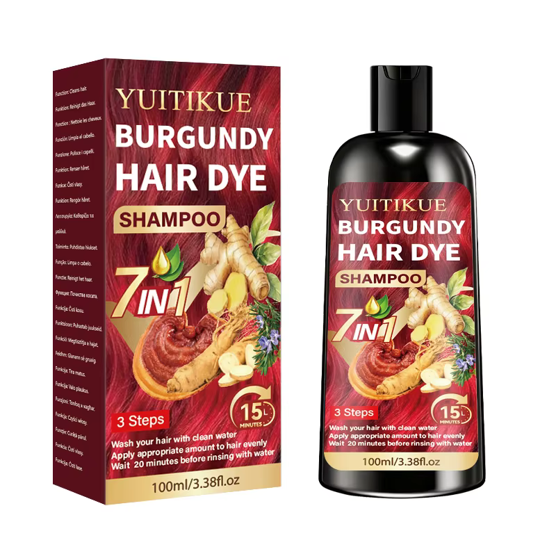YUITIKUE Shampoing colorant pour cheveux bordeaux 100 ml, 7 en 1, coloration rapide en 15 minutes, s
