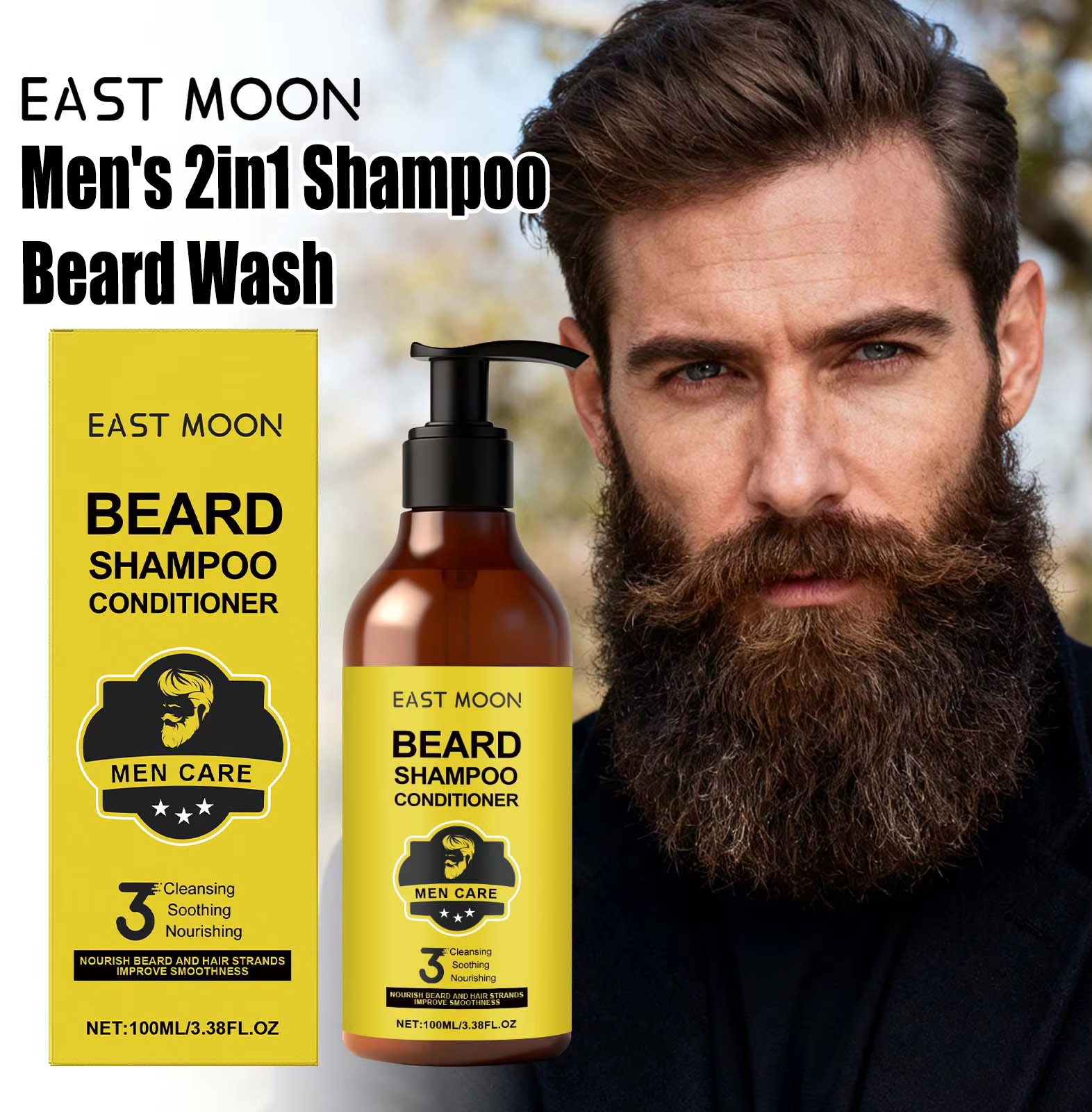 East Moon – shampoing et Lotion de soin pour barbe 2 en 1, pour hommes, renforce les racines de la b