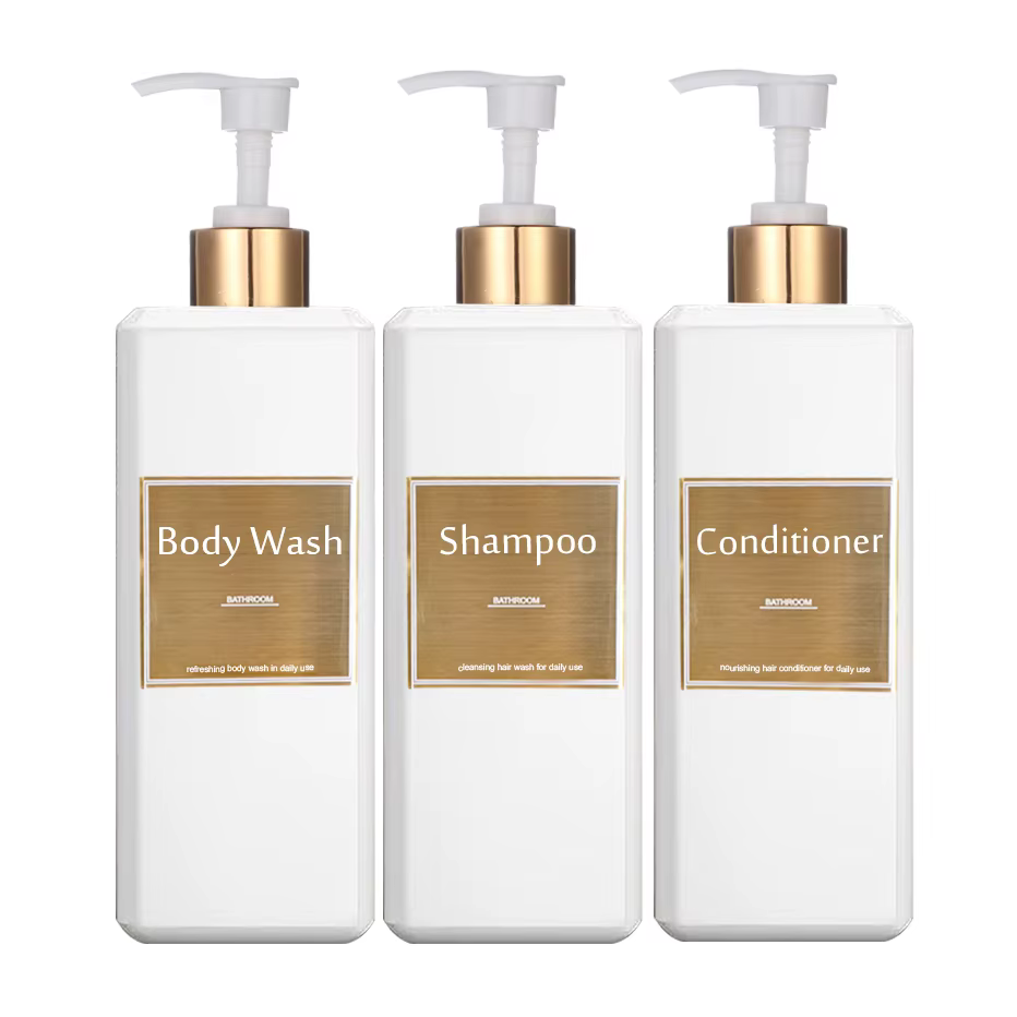 Distributeur de shampoing 500ml/16.9oz, bouteille à pompe à pression avec étiquettes dorées étanches