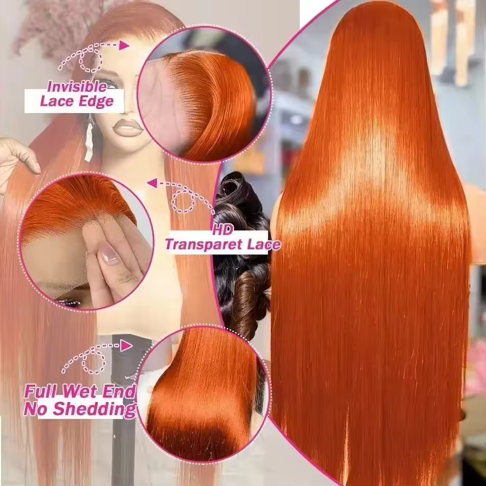 350 gingembre Orange droite perruques de cheveux humains 13X4 Hd dentelle frontale perruques 250% de
