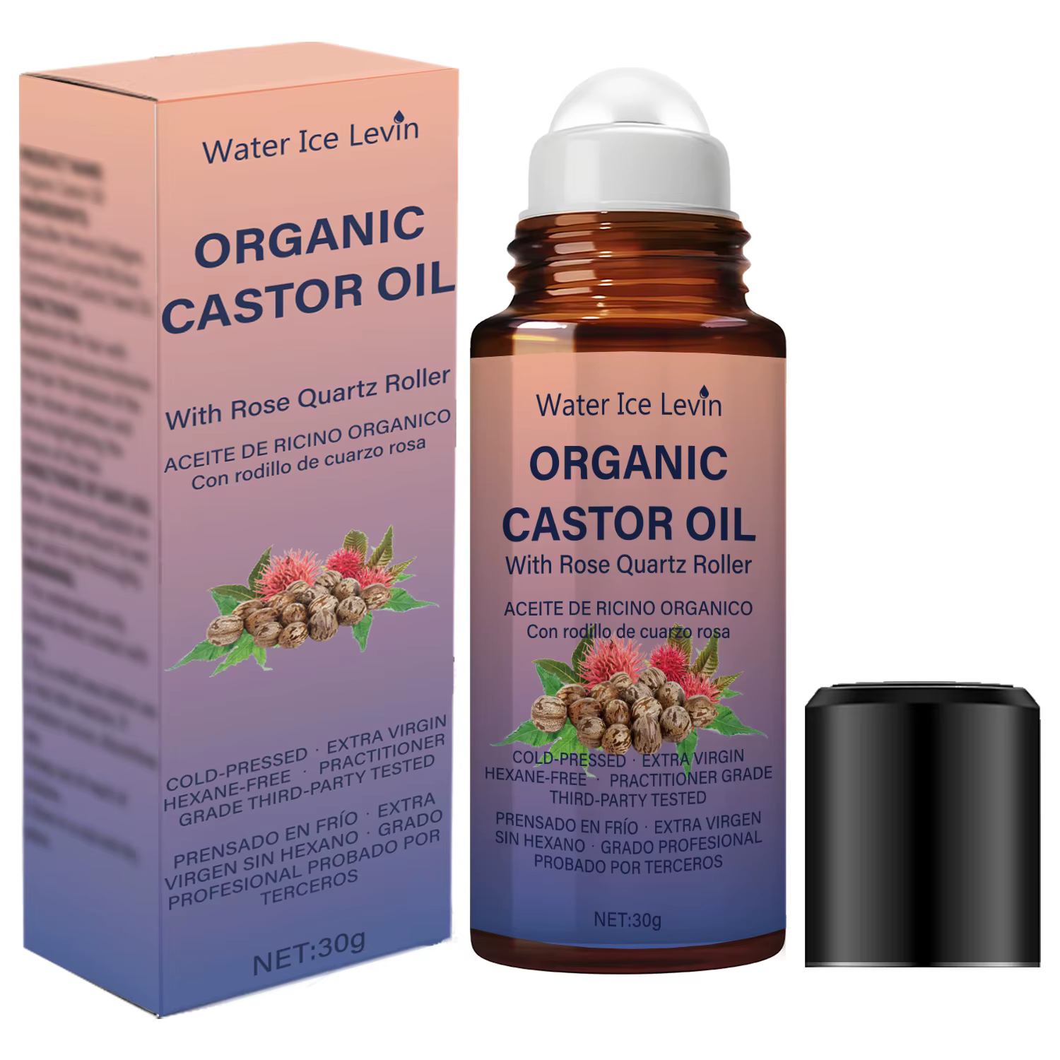 Huile de Ricin Bio Hiver avec Rouleau en Quartz Rose - Pressée à Froid, Sans Hexane, Grade Professio