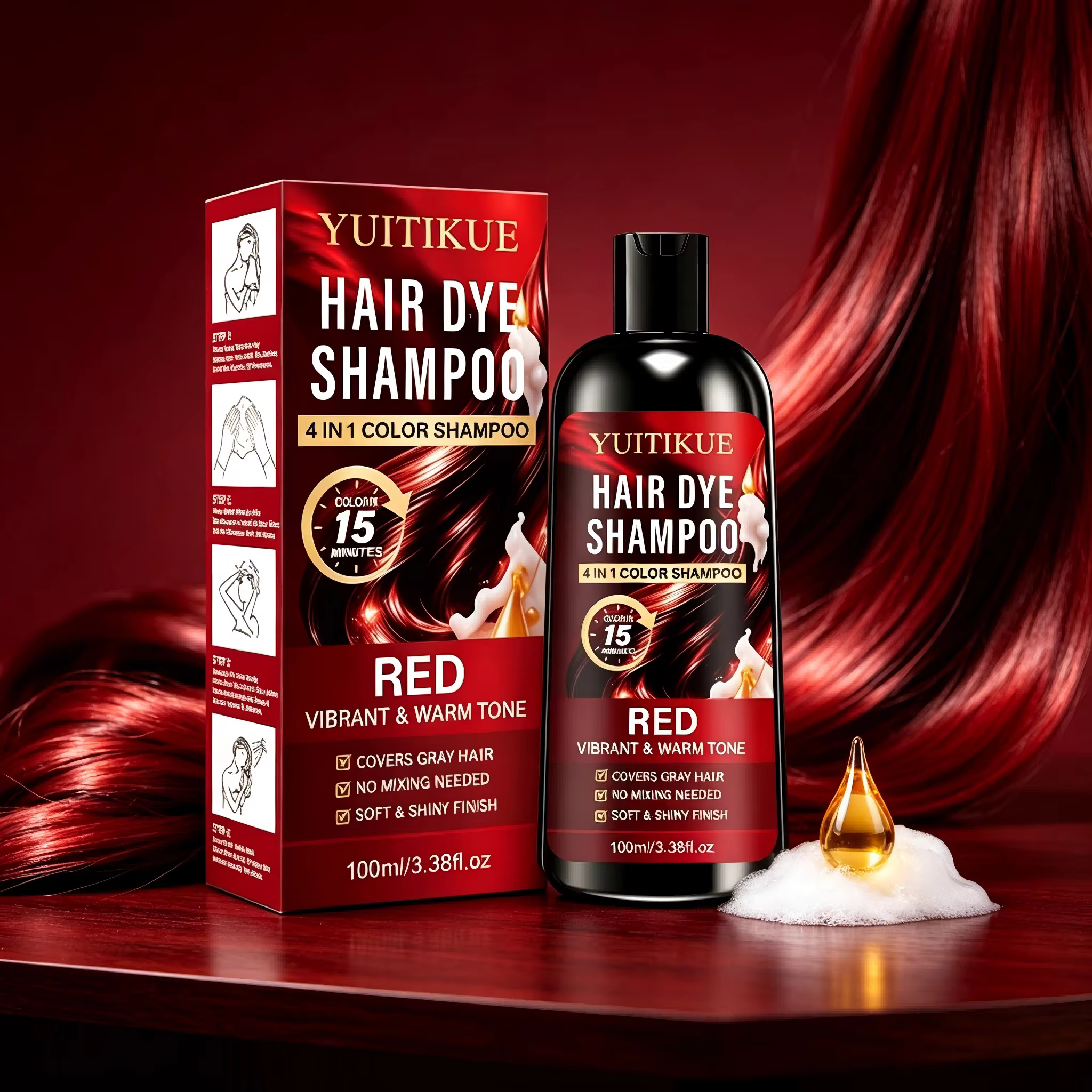 Shampoo colorant pour cheveux roux 100ml 4 en 1, couleur en 15 minutes, couvre les cheveux gris, san