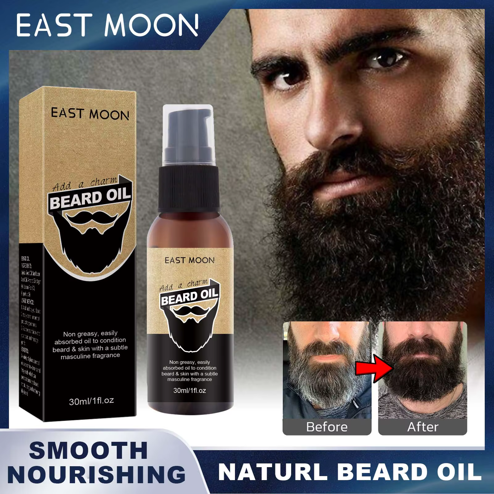 East Moon – huile pour barbe naturelle, améliore la moustache, nourrissante, lisse, plus épaisse, An