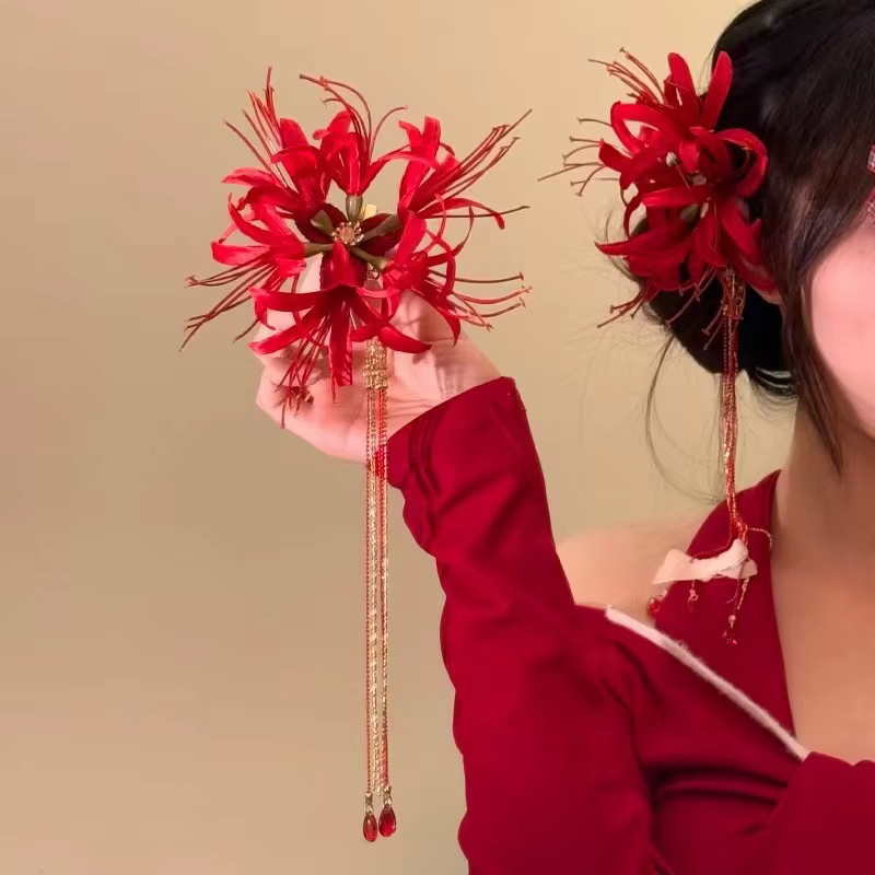 Pince à cheveux rétro rouge araignée Lily, épingle à cheveux en tissu fleur, vêtements de mariée, St