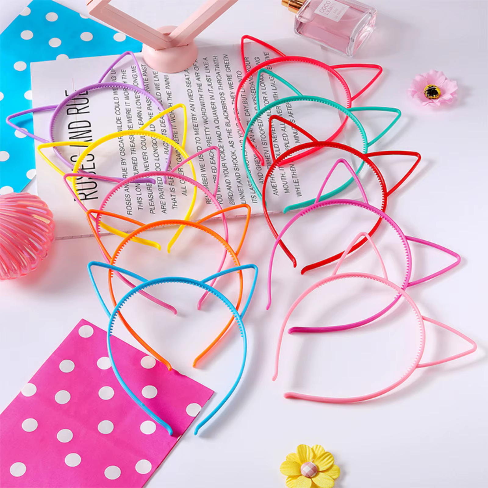 12 pièces en plastique, oreilles de chat, bandeau pour enfants, mignon, chaton, extérieur, bandeau,