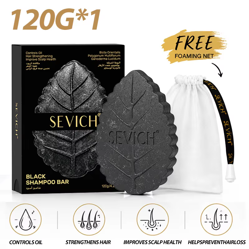 Shampoing Solide Noir 120g aux Herbes pour Restaurer la Texture des Cheveux Abîmés, Savon Capillaire