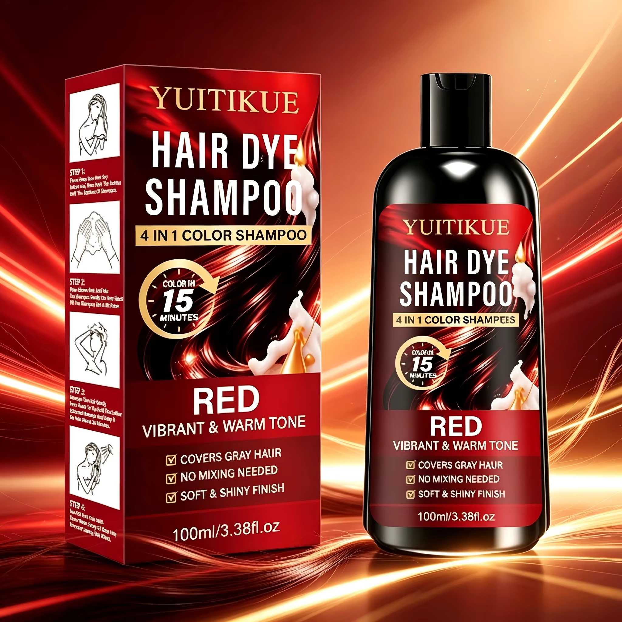Shampoo colorant capillaire rouge 4 en 1, 100 ml, coloration rapide en 15 min, couvre les cheveux gr