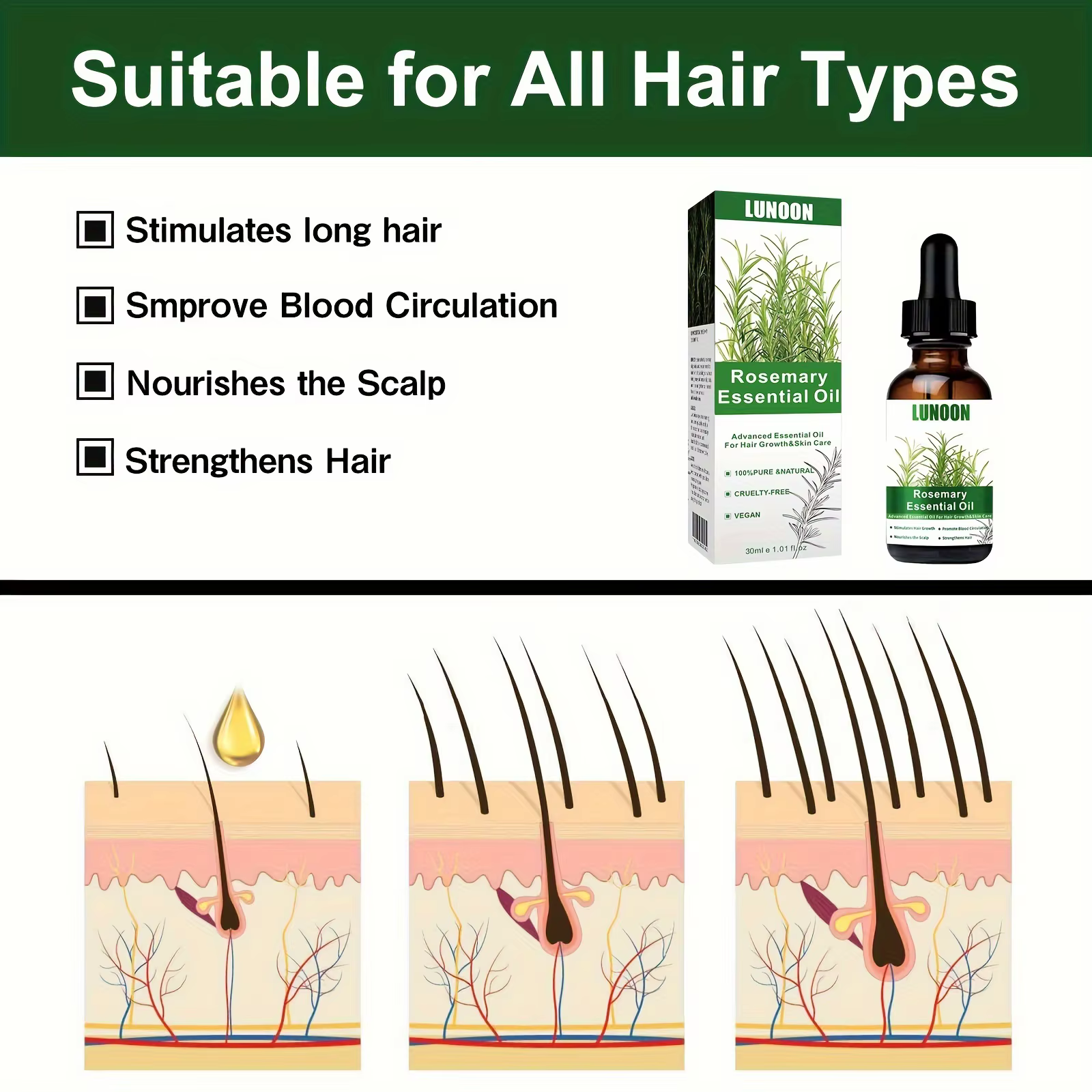 Huile essentielle de romarin 30ml pour la croissance et la soin des cheveux, extrait d'huile végétal