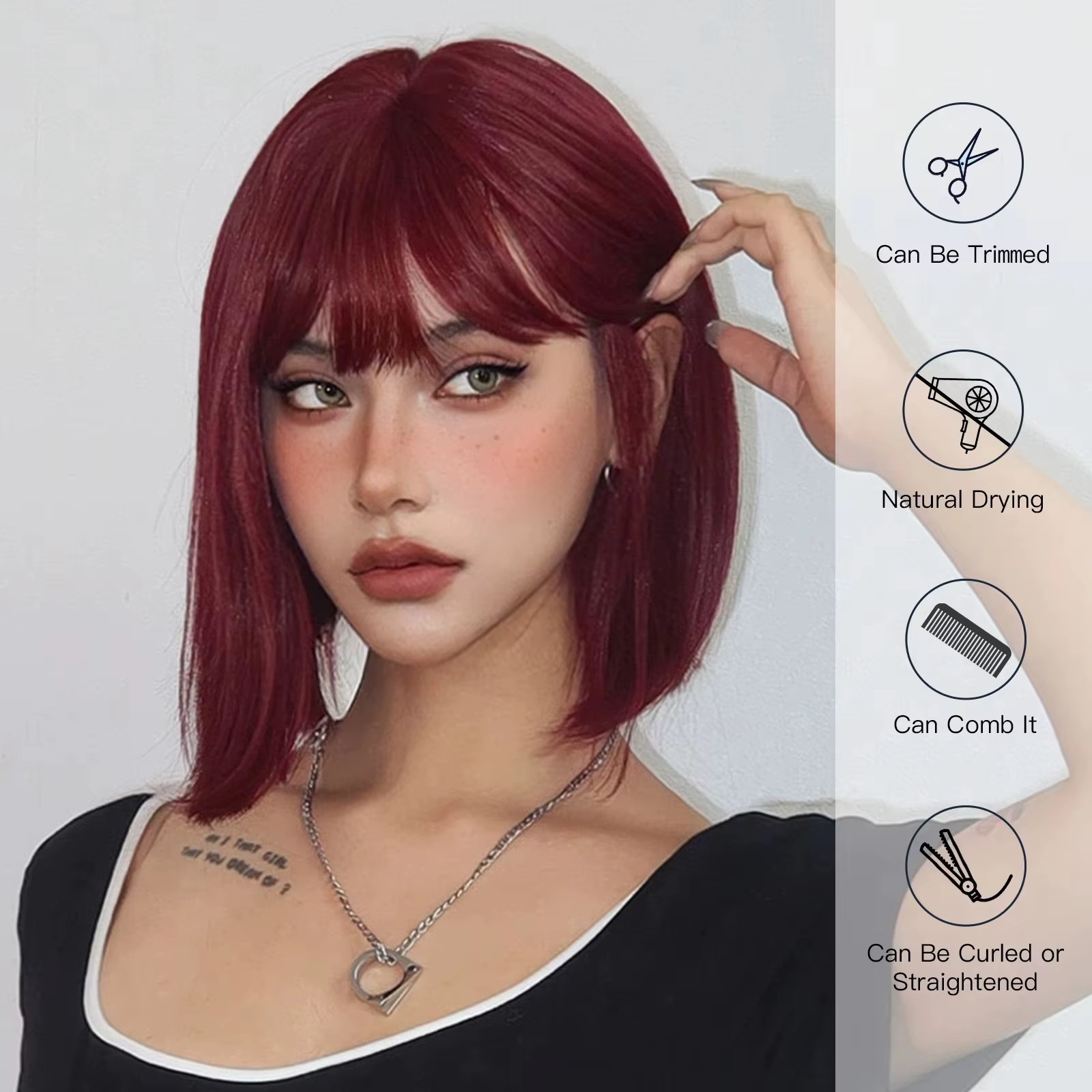 Perruque synthétique courte Bob bordeaux avec frange, faux cheveux rouge vin pour Cosplay, perruques