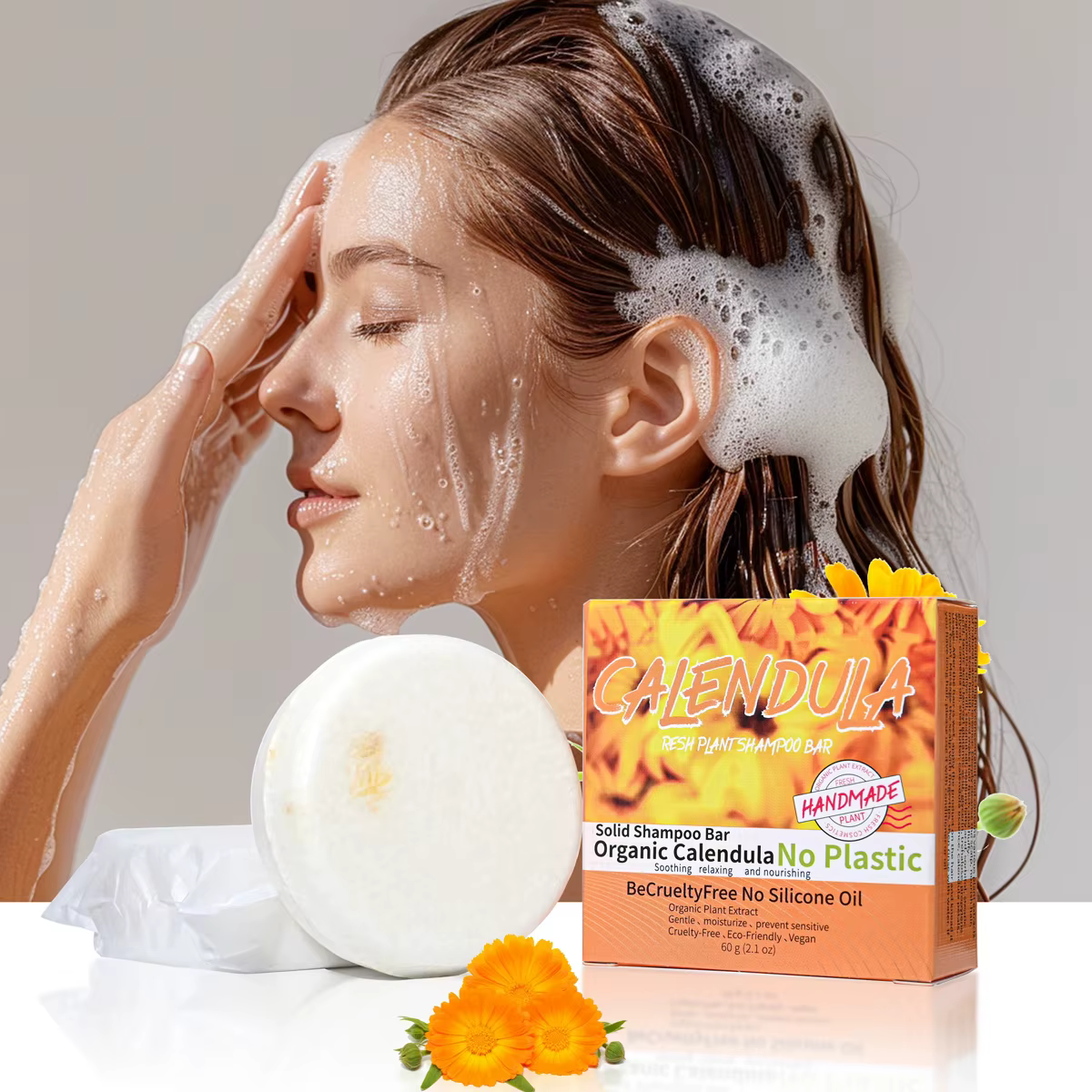 Sabon shampooing aux huiles essentielles de fleurs et de plantes de calendula, savon fait à la main 