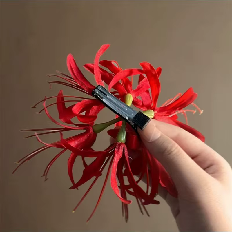 Pince à cheveux rétro rouge araignée Lily, épingle à cheveux en tissu fleur, vêtements de mariée, St