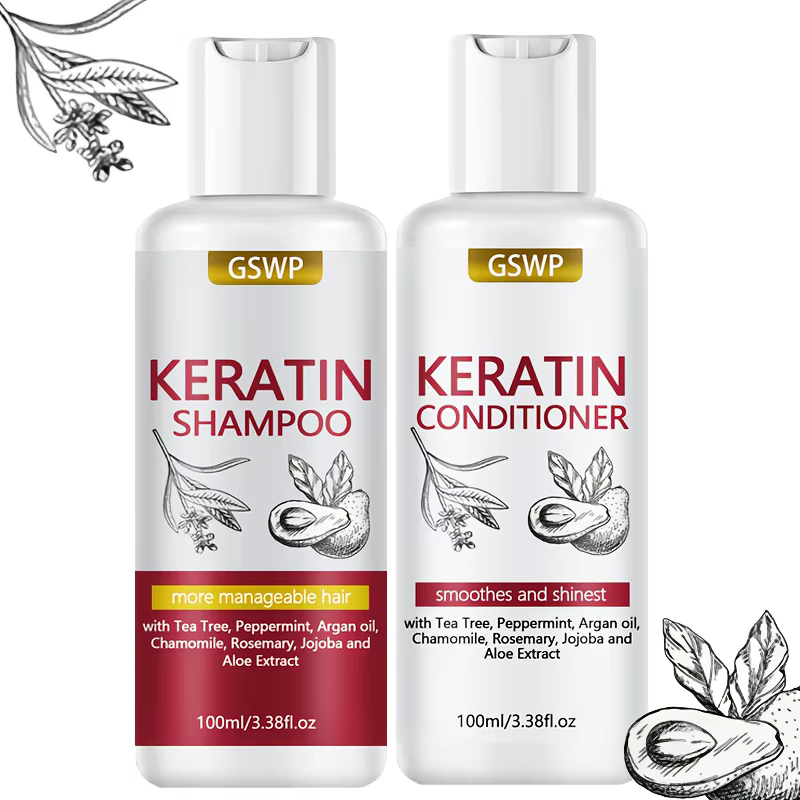 Ensemble shampooing et après-shampooing à la kératine GSWP, nettoie en profondeur le cuir chevelu et