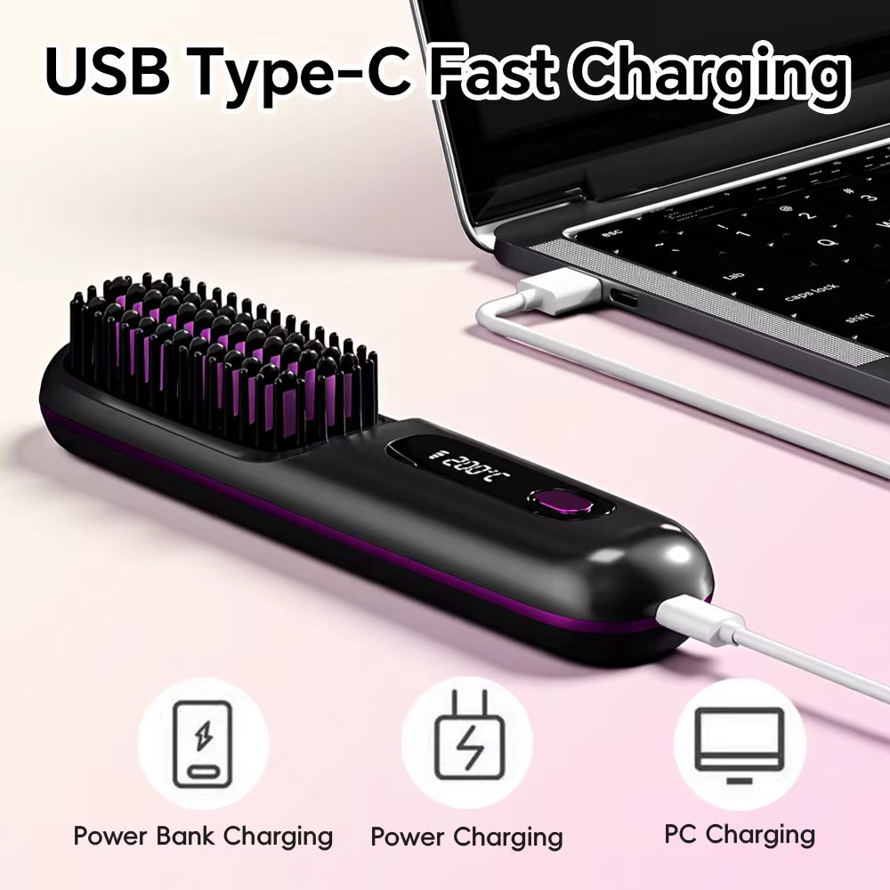 Brosse à lisser les cheveux, peigne à lisser ionique sans fil Rechargeable pour coiffer, avec 3 régl