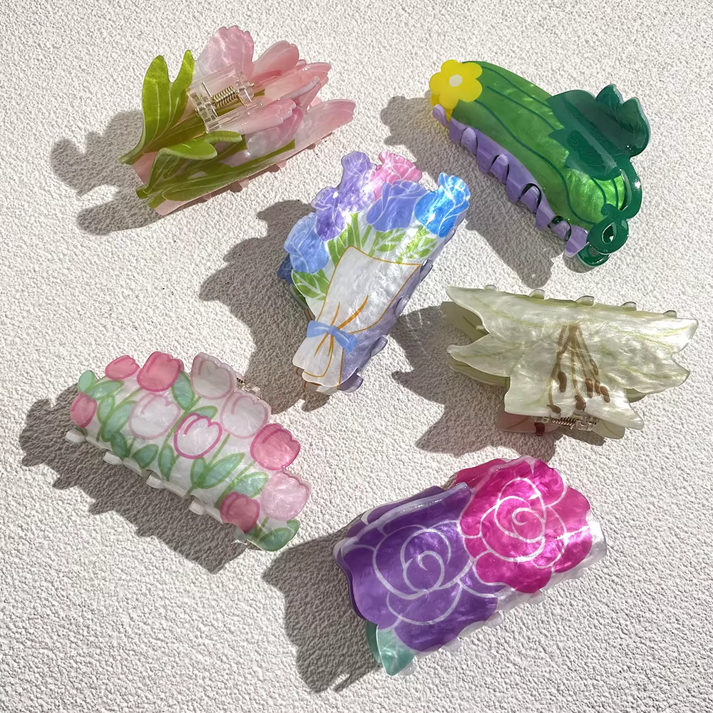 Pince à cheveux en acrylique Double face pour femmes, imprimé de fleurs, surdimensionnée, géométriqu
