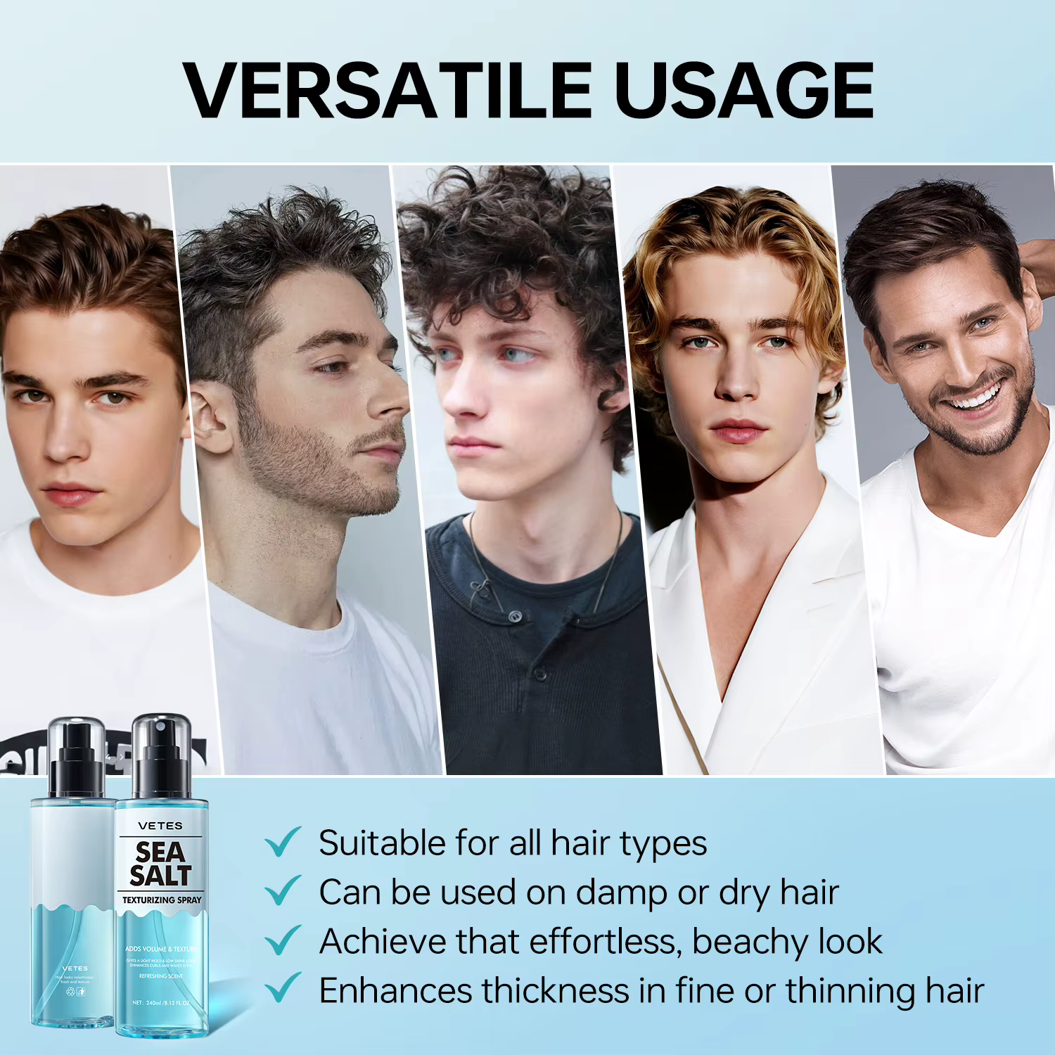 VETES Spray Cheveux Secs 240ml – Spray Texturisant Instantané Effet Volume et Épaisseur au Sel Marin
