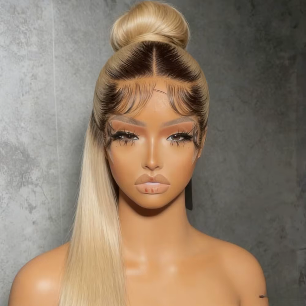 Perruque Lace Front HD 13x4 Lisse Ombré Brun Racines Blond Cendré Cheveux Humains Densité 200 pour F