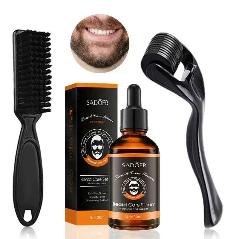 Ensemble de soins pour barbe pour hommes, 3 pièces, huile pour barbe, hydratante et douce, brosse à 