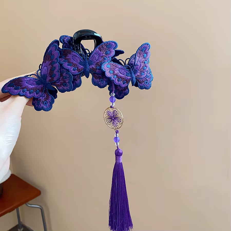 Pinces à cheveux papillon tricotées de Style chinois pour femmes, longues fleurs violettes, pompon r