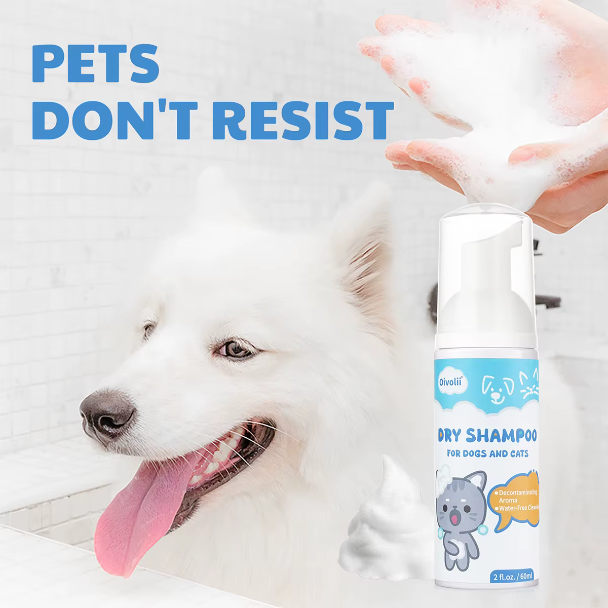 Mousse de shampoing sec pour animaux de compagnie, sans rinçage, mousse sans eau, désodorisante, net